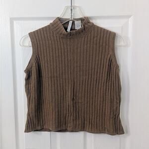 Via Seta Silk-Cashmere Ribbed Sleeveless Mock Neck Top – Brown – Size M